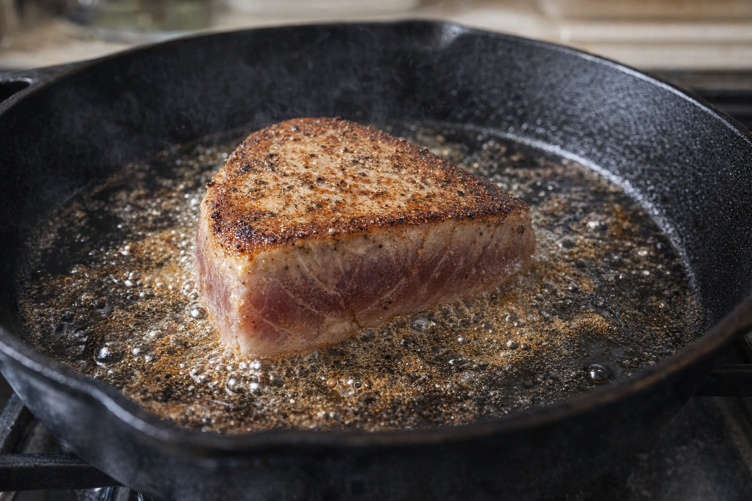 Tuna steak searing in a cast iron pan, with sizzling oil and a golden-brown crust forming